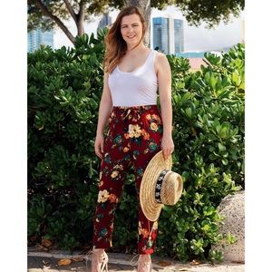 Burgundy Floral Straight Leg Pants